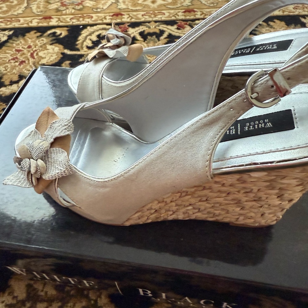 White House Black Market Silver and Tan Wedges
